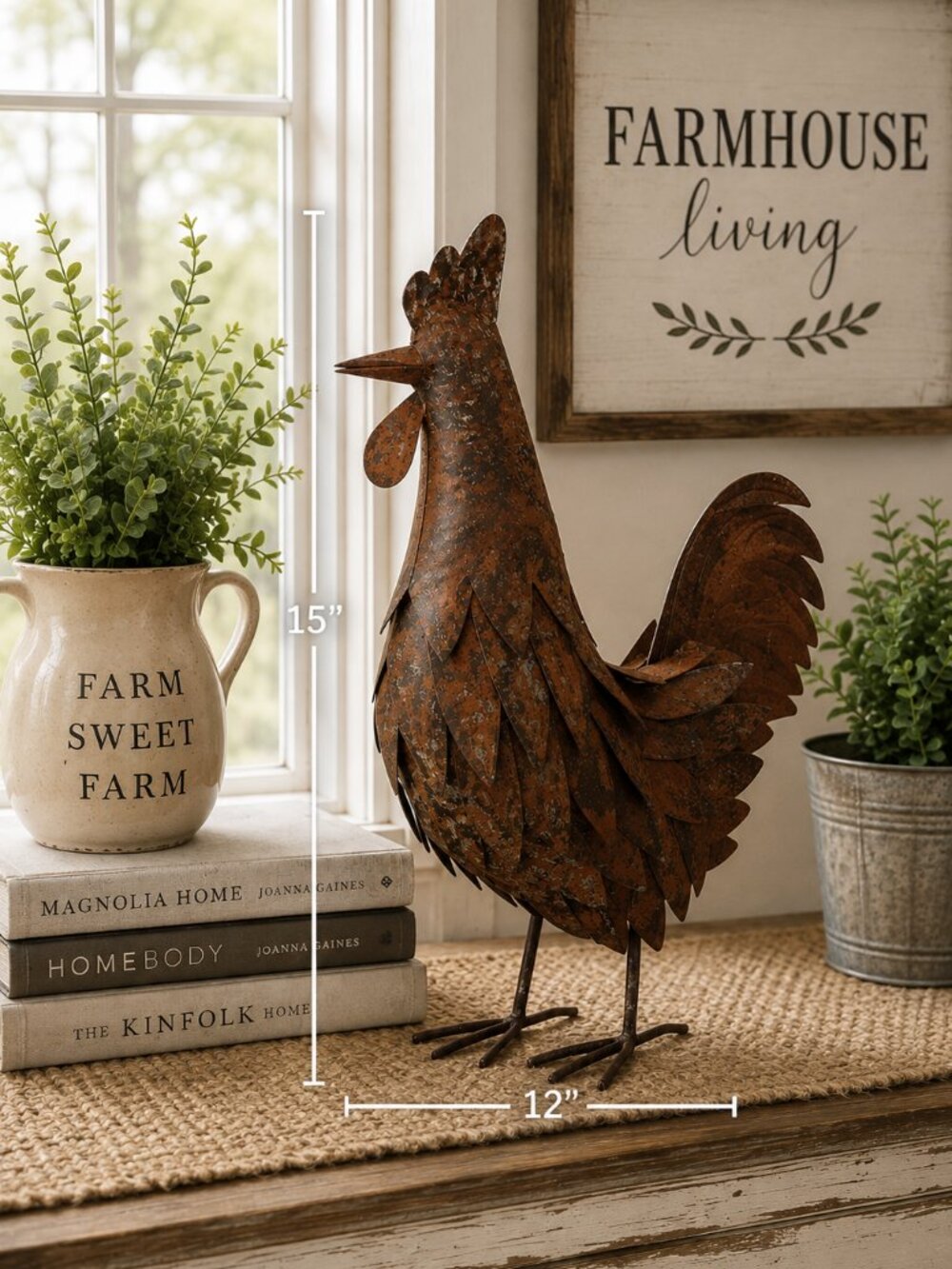 Rustic Metal Rooster Sculpture 15" Farmhouse Garden Decor Burnt Orange NWOT